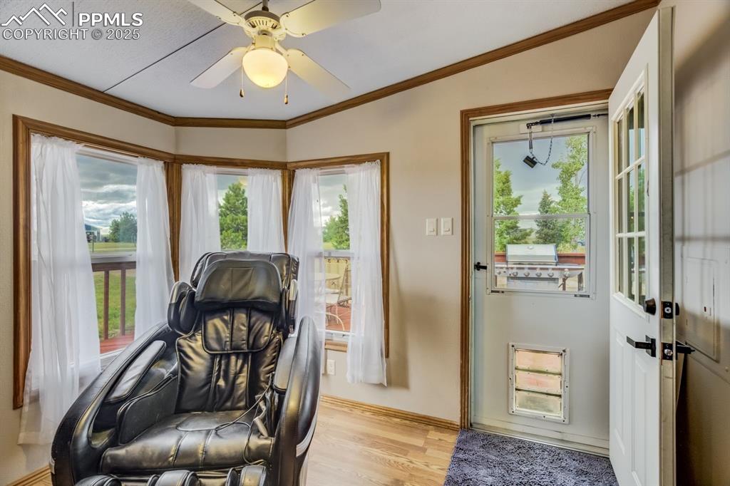 Image 15 of 43: Doorway featuring wood finished floors, crown molding, and ceiling fan