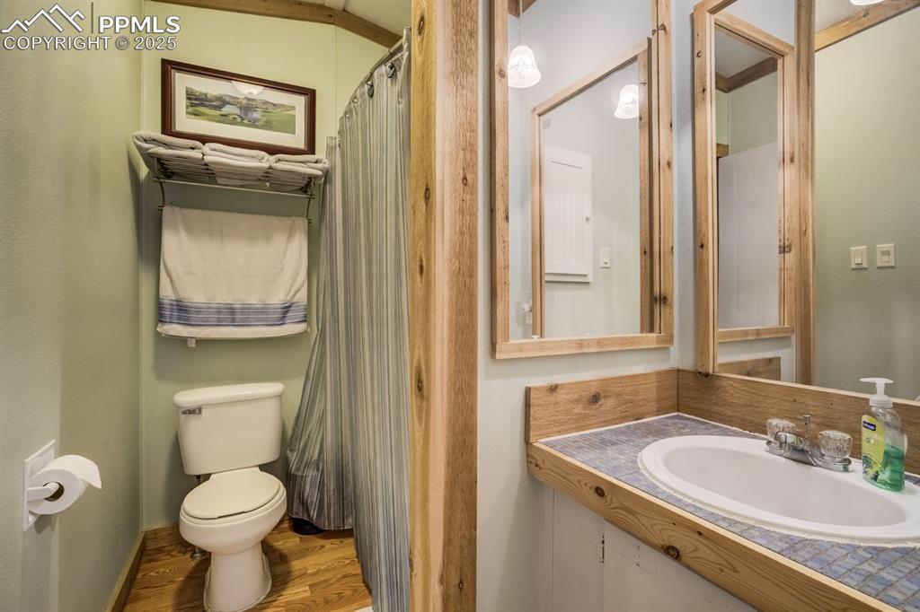 Image 26 of 43: Bathroom featuring wood finished floors, vanity, and curtained shower