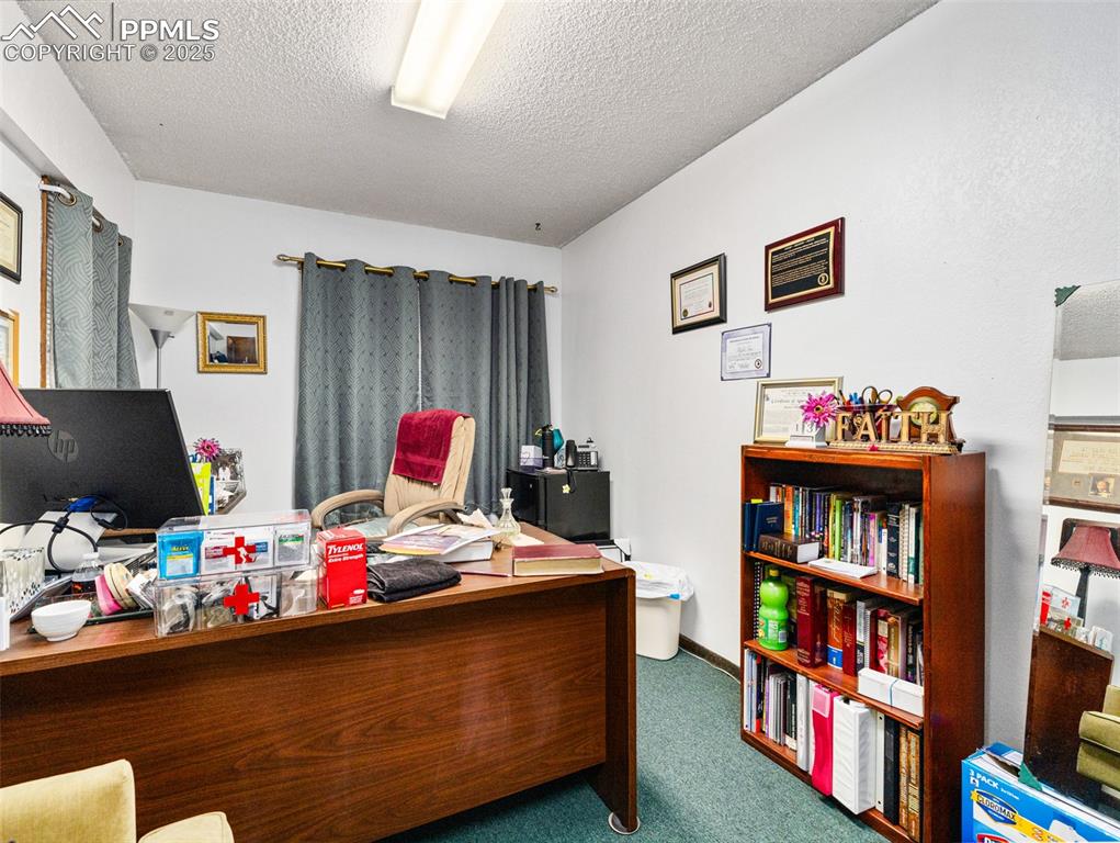 Image 28 of 49: Carpeted office space with a textured ceiling