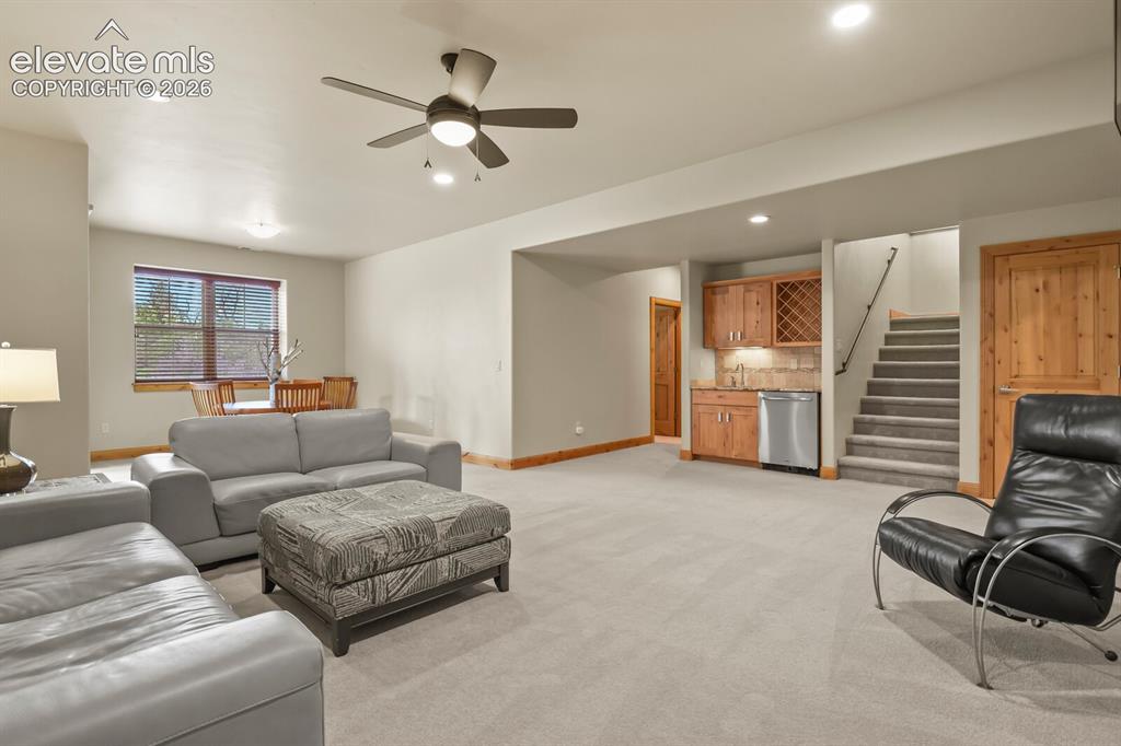 Image 27 of 48: Spacious room with recessed lighting, ceiling fan, and carpet flooring and 