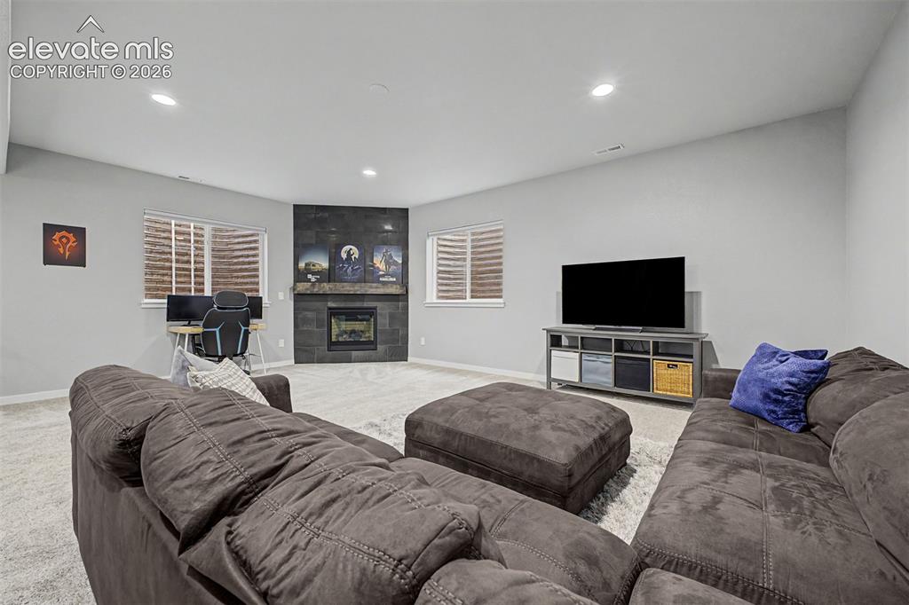 Image 36 of 50: Media room with fireplace basement