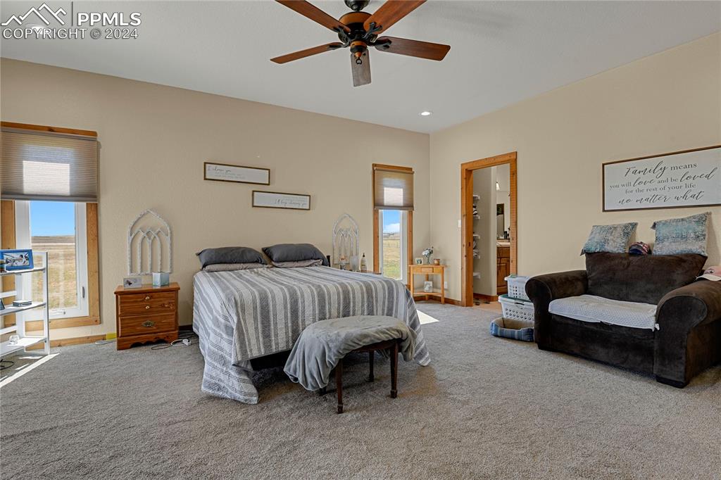 Image 31 of 45: Bedroom featuring connected bathroom, carpet floors, and ceiling fan