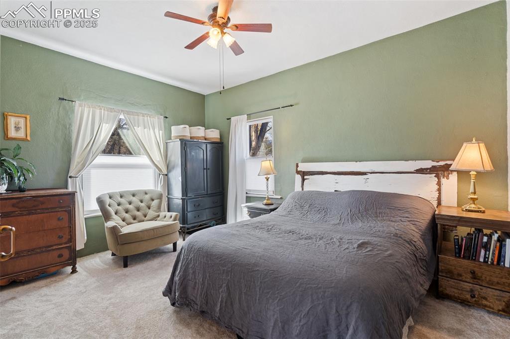 Image 19 of 37: Carpeted bedroom with multiple windows and ceiling fan
