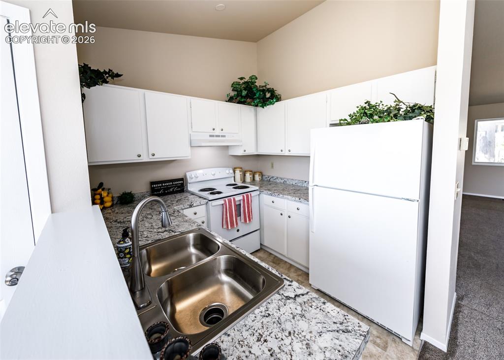 Image 17 of 36: Kitchen featuring white cabinetry, a double basin stainless steel sink, a s
