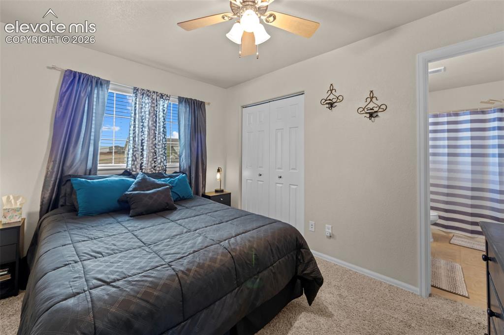 Image 22 of 41: Wall-to-wall carpeting with a ceiling fan light fixture, window with blinds