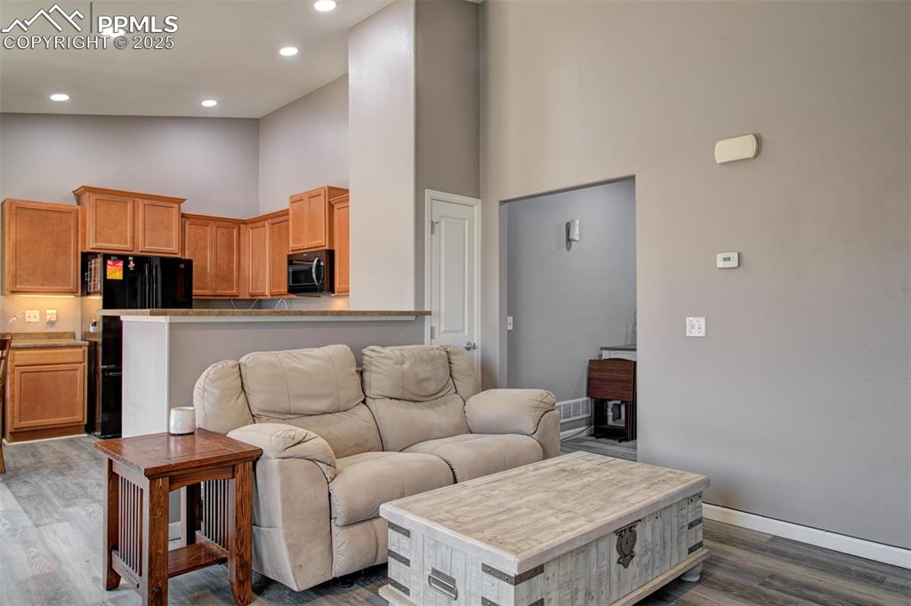 Image 16 of 21: Living area with a towering ceiling, dark wood-style flooring, and recessed