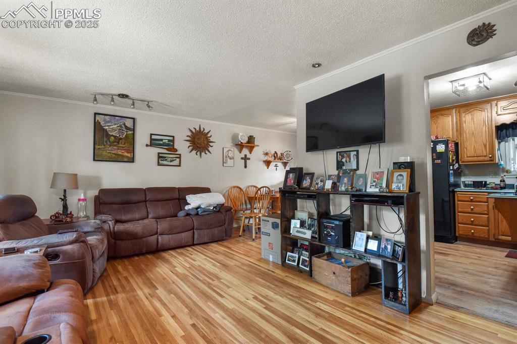 Image 5 of 30: Living area featuring light wood-type flooring, a textured ceiling, ornamen