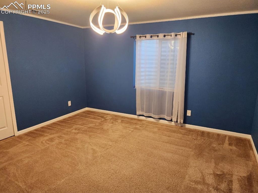 Image 4 of 17: Carpeted empty room featuring crown molding and baseboards