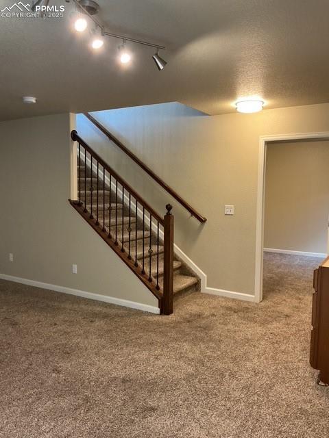 Image 27 of 37: Stairway with carpet floors and a textured ceiling