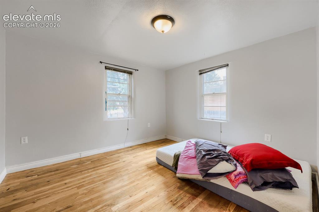 Image 28 of 36: Hardwood flooring, light gray wall paint, two windows, ceiling-mounted ligh