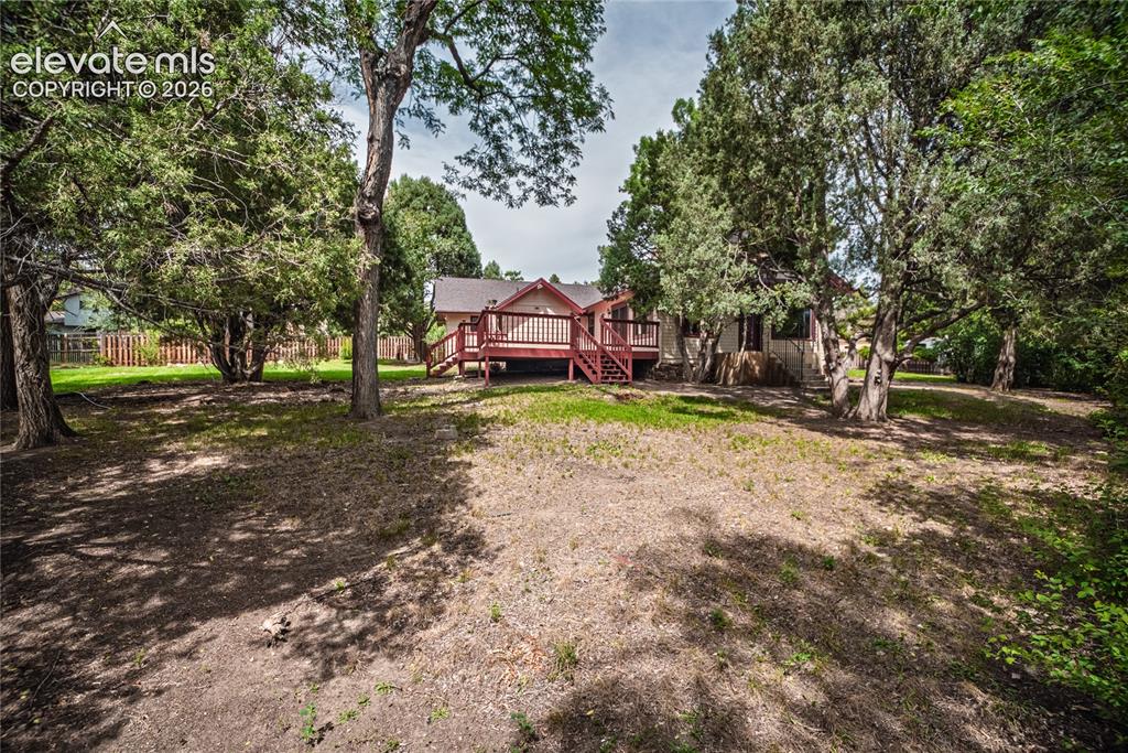 Image 39 of 47: Expansive backyard featuring a natural landscape and mature trees