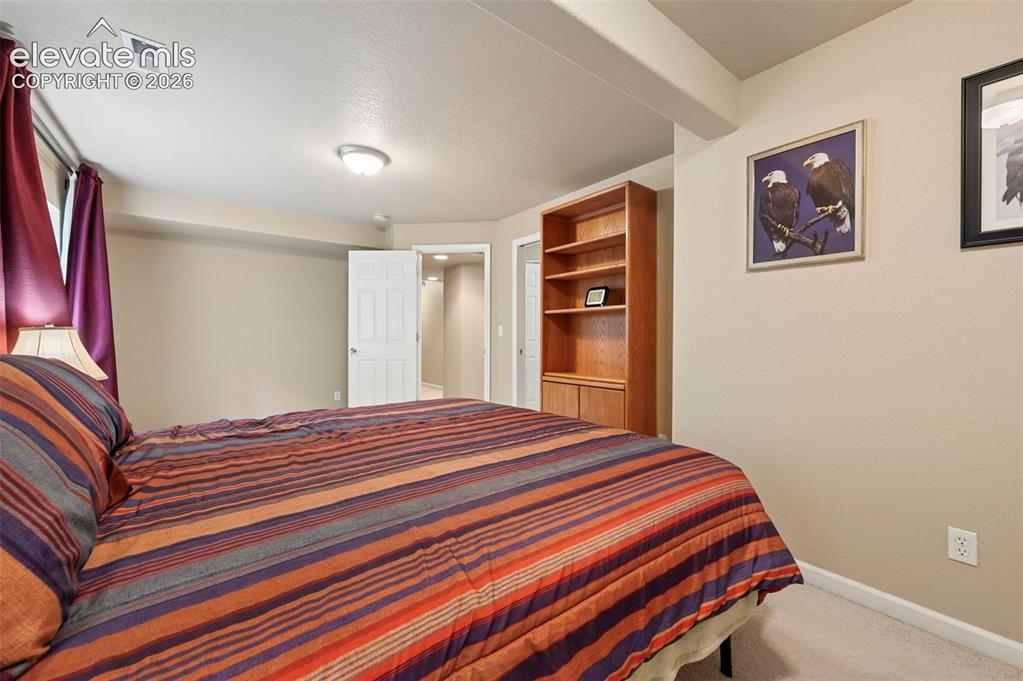 Image 15 of 32: Carpeted room with neutral wall tones and a built-in wood-finish bookcase w