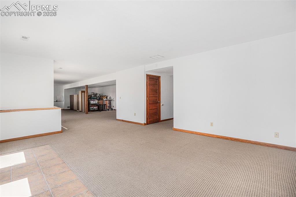 Image 29 of 49: The fully finished walkout basement offers a fireplace, full bath, and flex