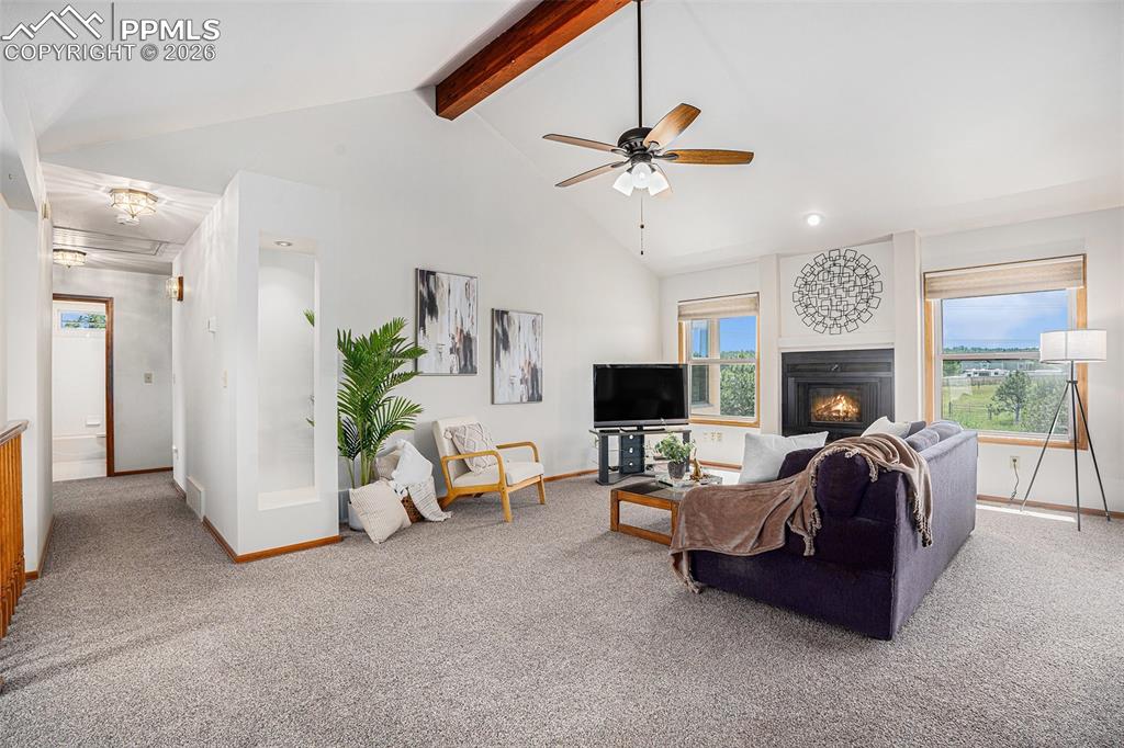 Image 6 of 49: Living room with vaulted ceilings and fireplace