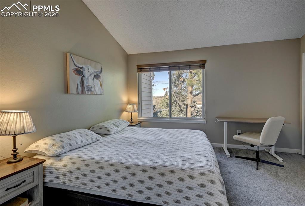 Image 21 of 31: The vaulted Primary Bedroom has neutral carpet, double closets, and an adjo