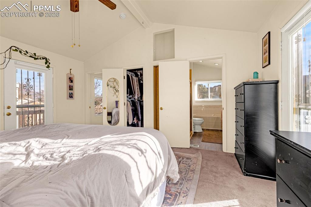 Image 21 of 38: Bedroom with a spacious closet, light colored carpet, access to outside, a 