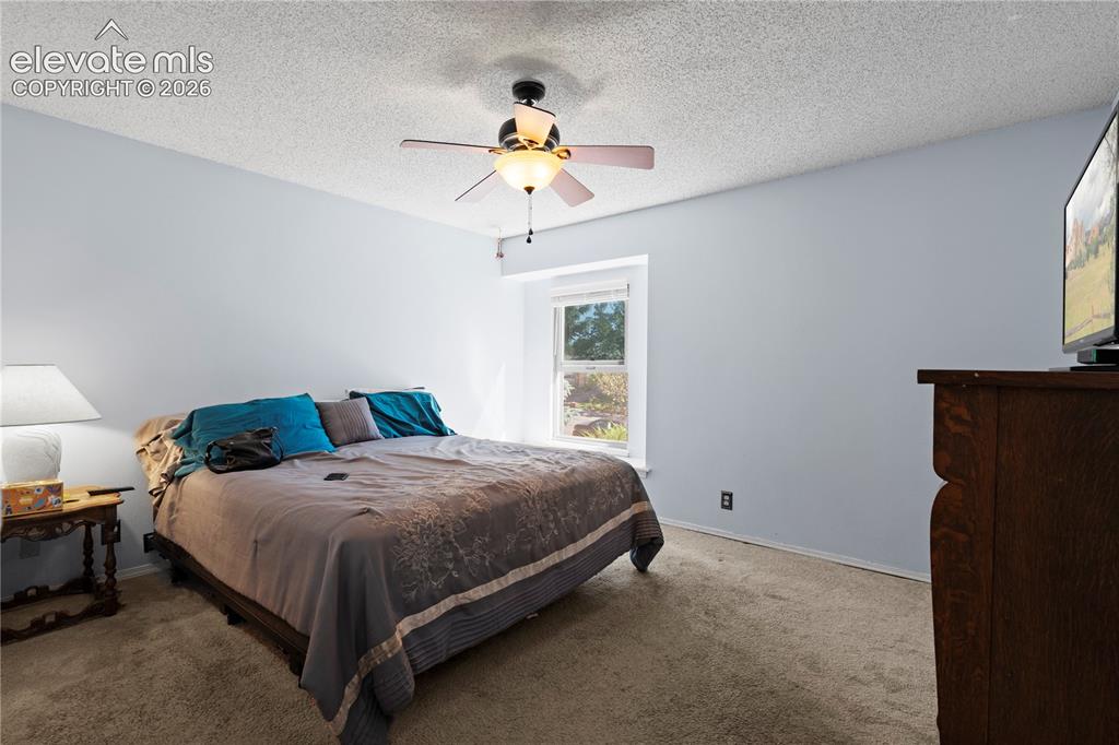 Image 23 of 43: Carpeted flooring, ceiling fan with integrated lighting, single window, and