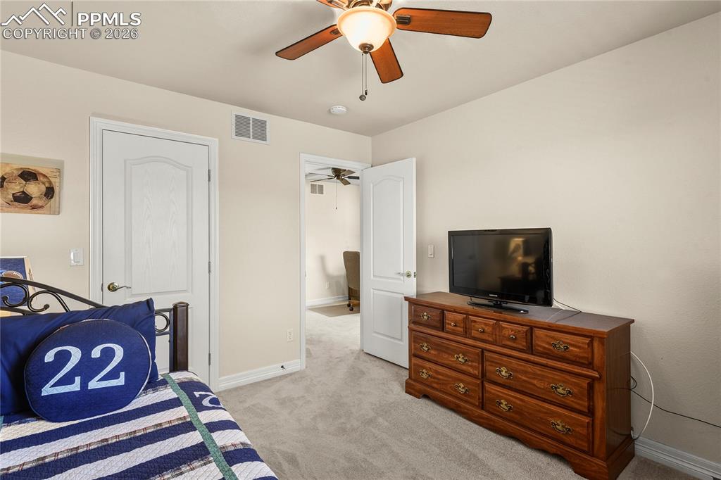 Image 35 of 41: Upper level bedroom with walk-in closet.
