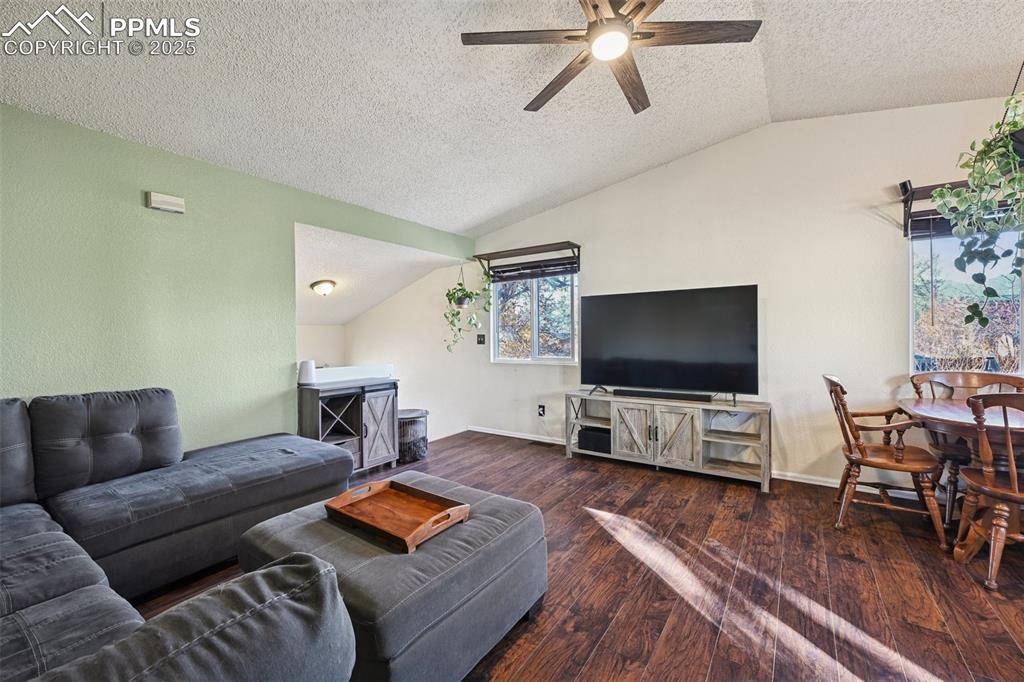 Image 9 of 23: Living room with, a textured ceiling, dark wood finished floors, and a ceil