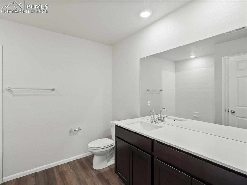 Image 20 of 25: Full bathroom with dark wood finished floors, vanity, a shower, and recesse