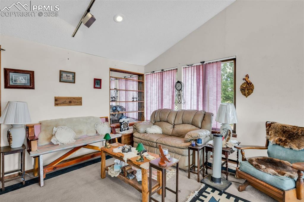 Image 23 of 33: Carpeted living area featuring lofted ceiling