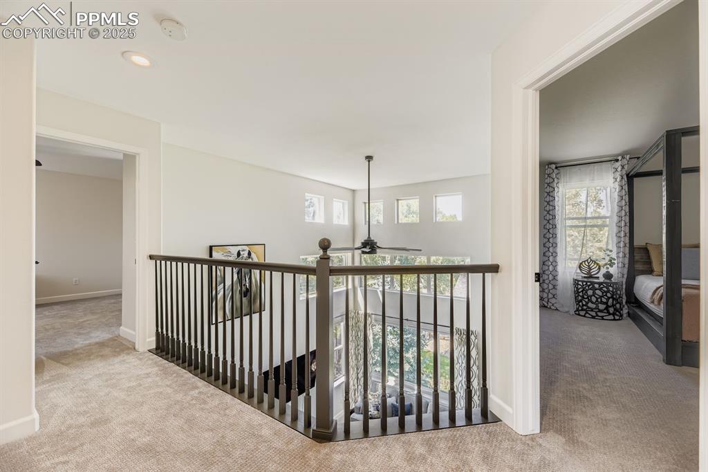 Image 15 of 32: Hallway with light colored carpet, healthy amount of natural light, and rec