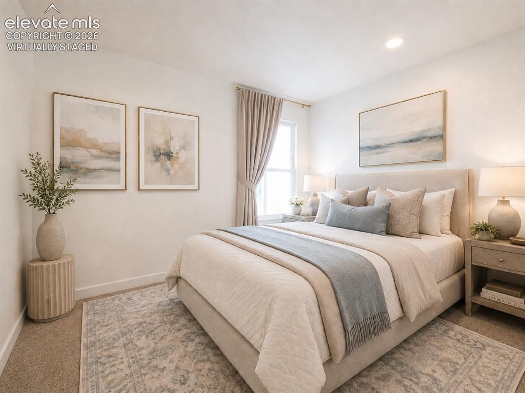 Image 12 of 19: Virtually Staged Neutral color palette bedroom featuring a recessed ceiling