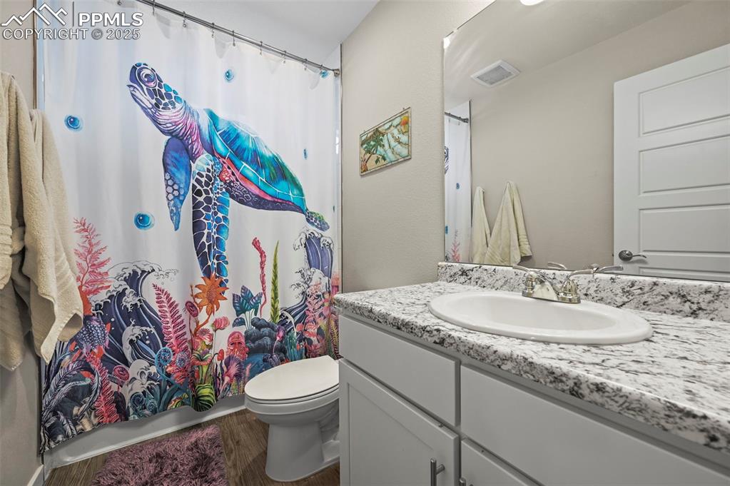 Image 22 of 44: Full bathroom with vanity and wood finished floors