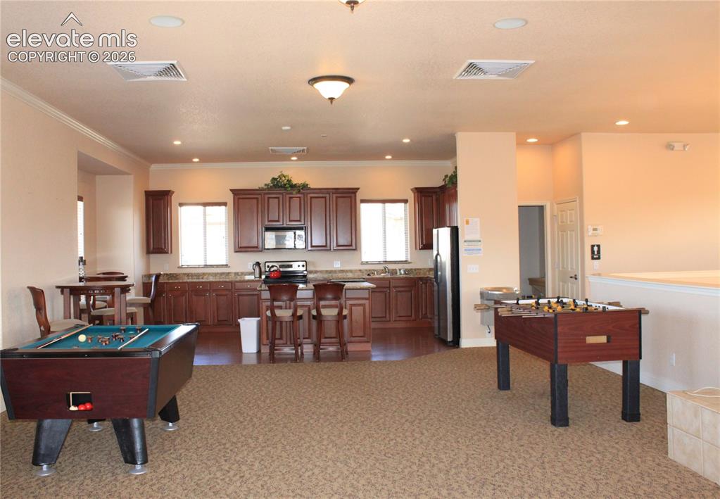 Image 34 of 40: Clubhouse-Upstairs; Kitchen, Rec Room, Meeting Space & Deck