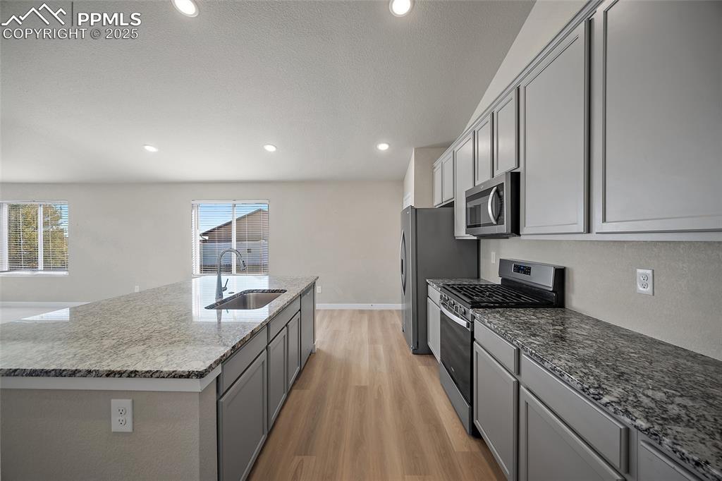 Image 17 of 30: Kitchen with gray cabinetry, stainless steel appliances, light wood-style f