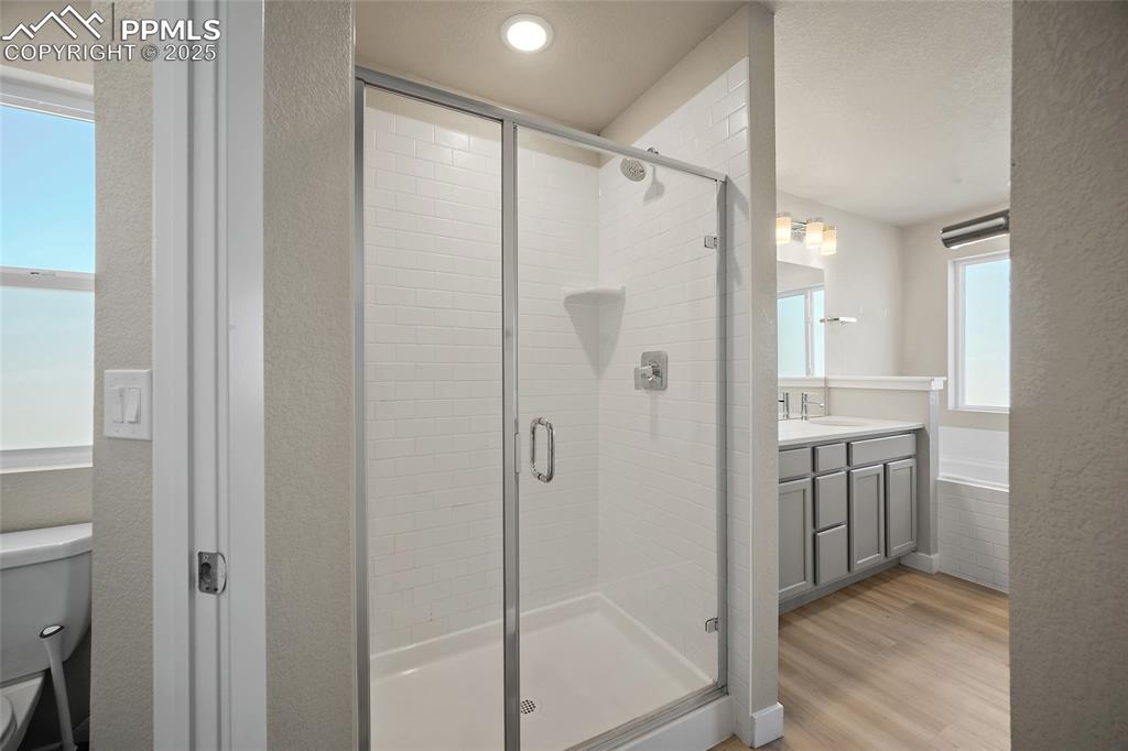 Image 5 of 30: Bathroom featuring a stall shower, light wood-style flooring, vanity, a tex