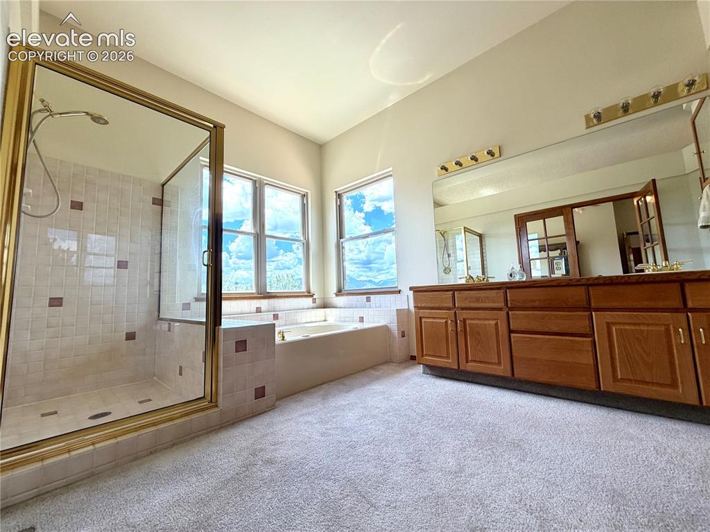 Image 26 of 50: Spacious bathroom featuring a glass-enclosed shower with gold-tone fixtures