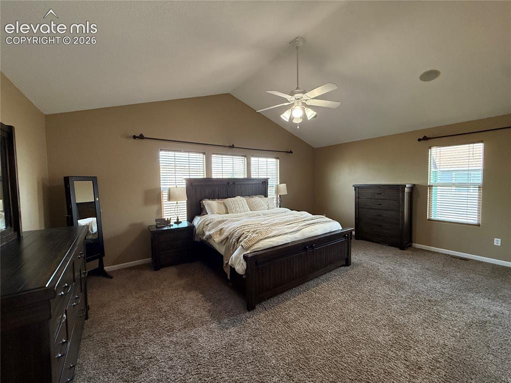 Image 13 of 27: Spacious primary bedroom suite featuring a vaulted ceiling with ceiling fan