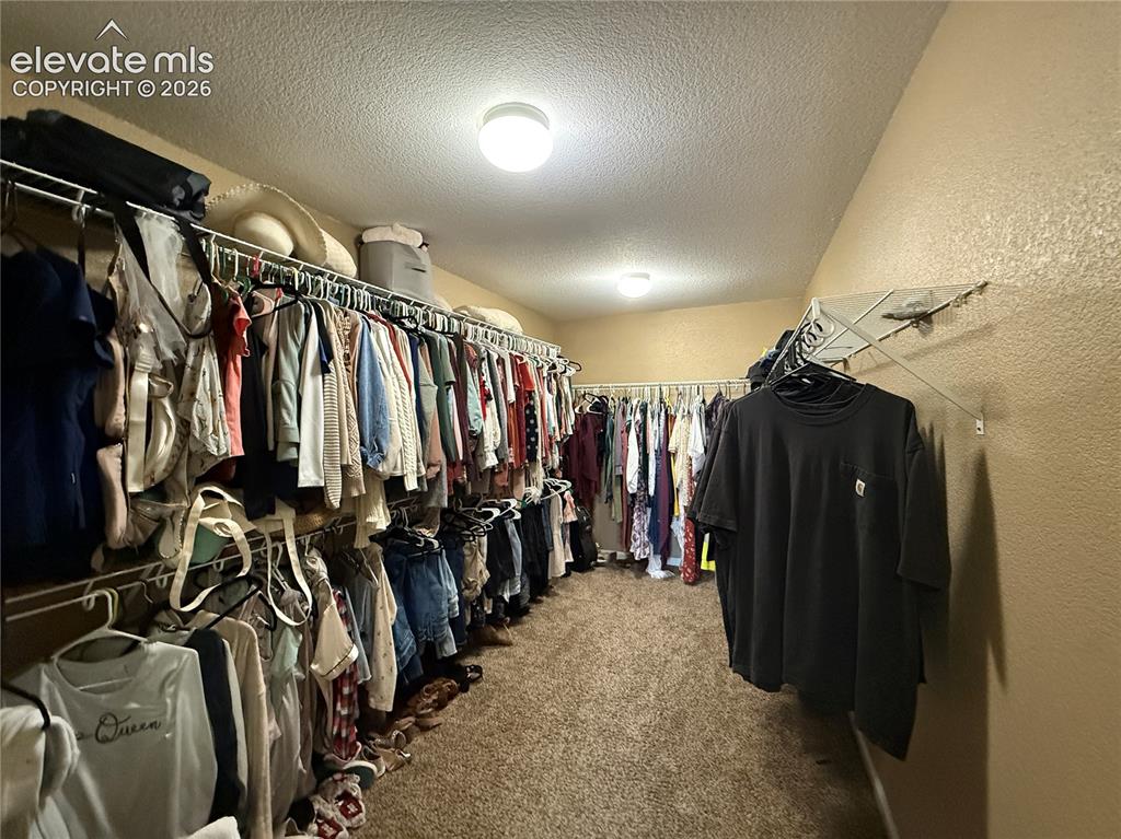 Image 16 of 27: Expansive walk-in closet featuring wall-mounted wire shelving, built-in clo