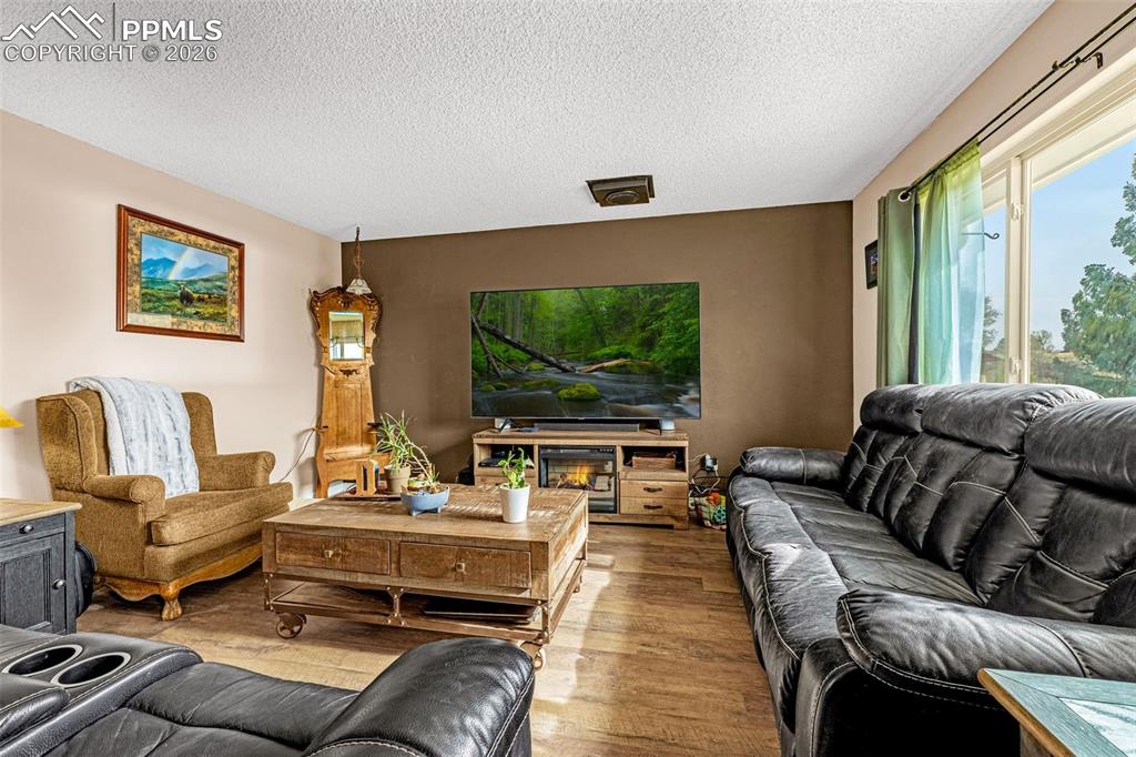 Image 5 of 29: Living area featuring wood finished floors and a textured ceiling