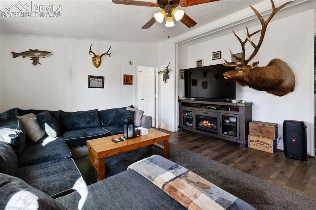 Image 10 of 27: The living area featuring dark wood-style flooring, a ceiling fan, and crow