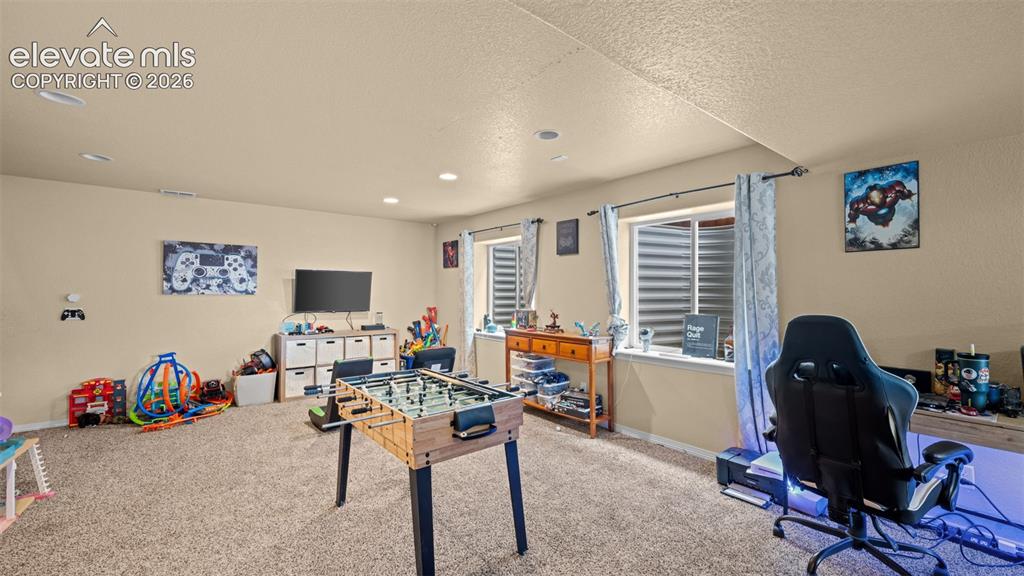 Image 26 of 41: Carpeted media room with a ceiling-mounted light fixture, a window with ver