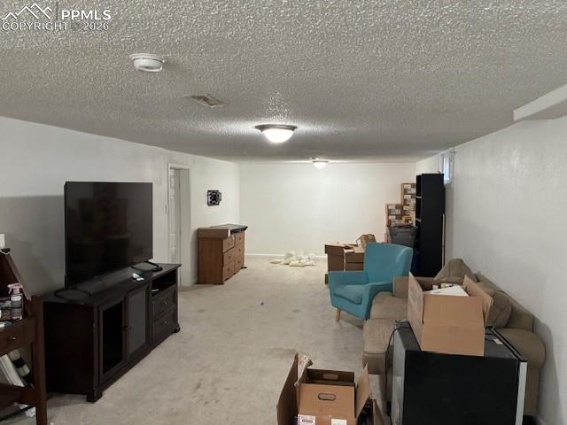 Image 14 of 17: Carpeted living area featuring a textured ceiling