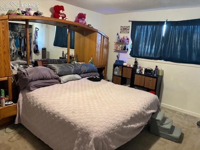 Image 6 of 17: Bedroom featuring carpet, a textured ceiling, and arched walkways