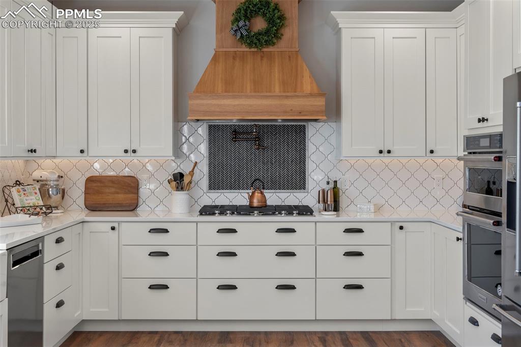 Image 14 of 50: Beautiful range hood  and pot filler. 