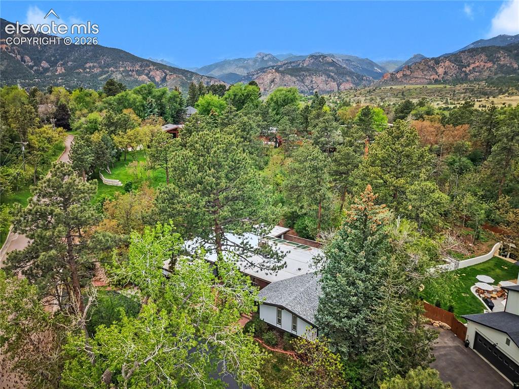 Image 1 of 50: Mountain backdrop with extensive treed landscaping and a paved driveway