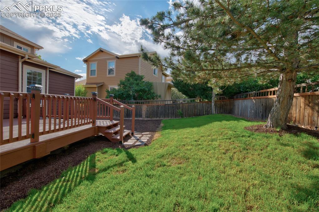 Image 22 of 23: Fenced backyard featuring a wooden deck