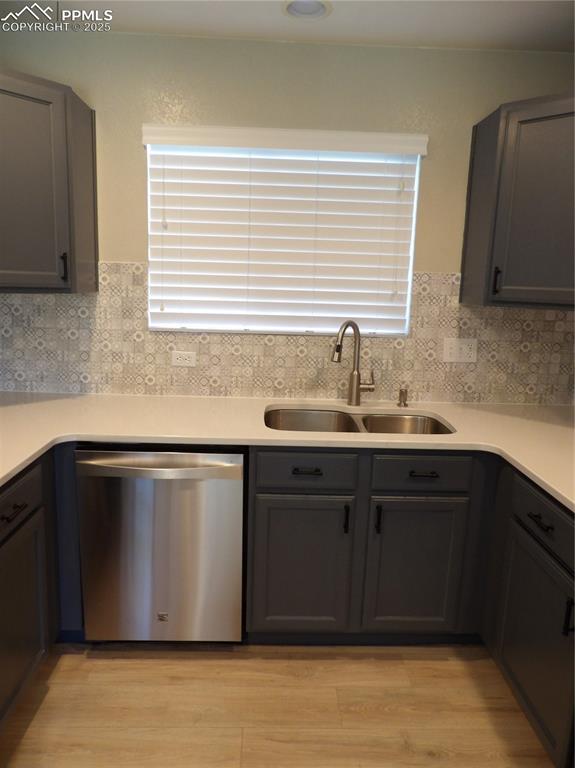 Image 9 of 23: Kitchen with dishwashing machine, tasteful backsplash, light countertops, a