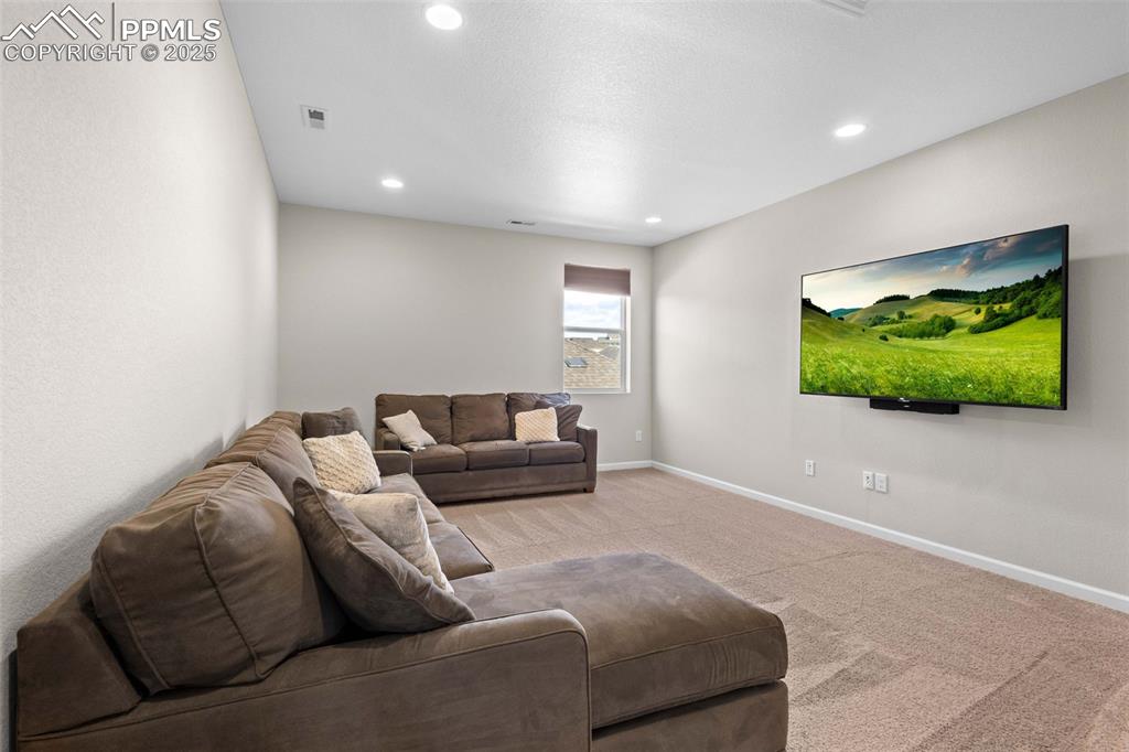 Image 26 of 47: Living room with carpet flooring and recessed lighting