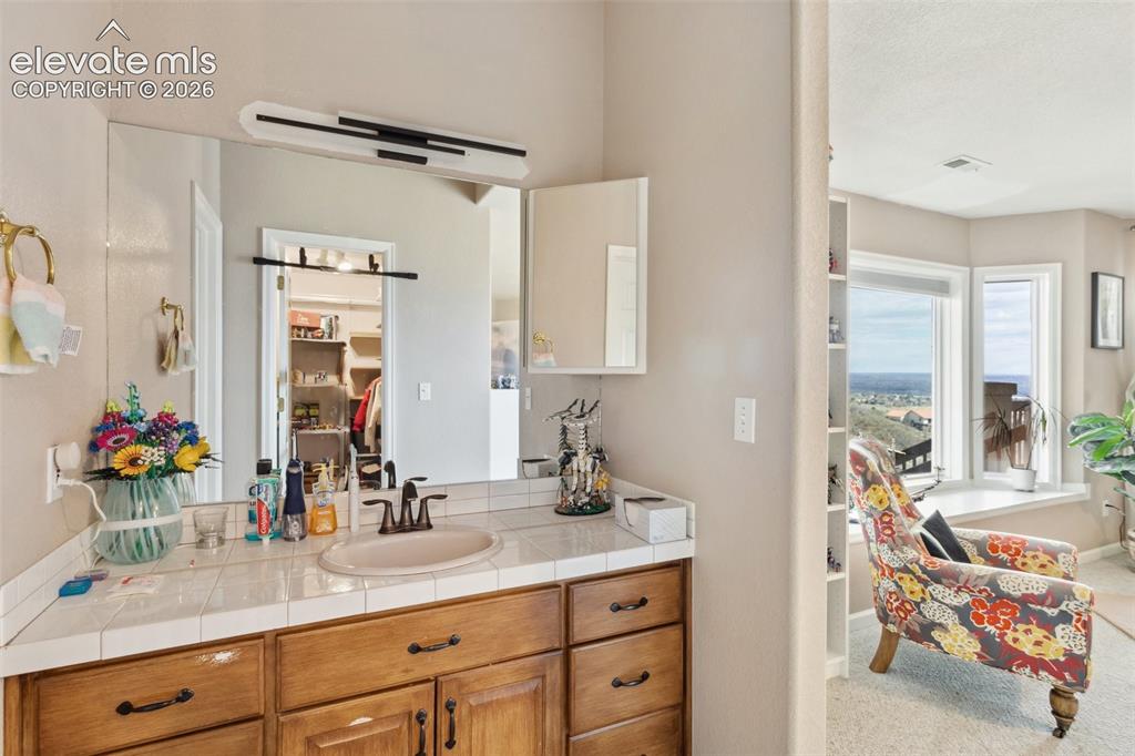 Image 41 of 50: Bathroom vanity with a tile countertop and an oval basin