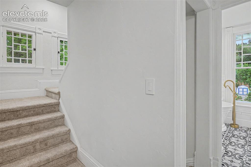 Image 29 of 38: Carpeted staircase with white trim, framed by decorative casement windows