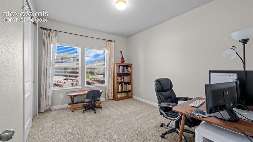 Image 5 of 39: Carpeted interior room featuring a double window with blinds, a built-in cl