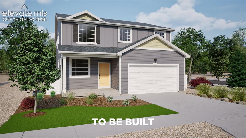 Image 1 of 40: Two-story residence featuring grey siding, a two-car garage, and a covered