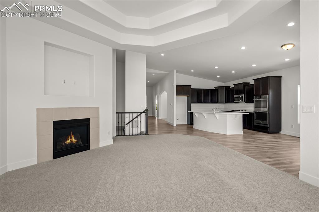 Image 24 of 46: Unfurnished living room with a raised ceiling, light colored carpet, recess