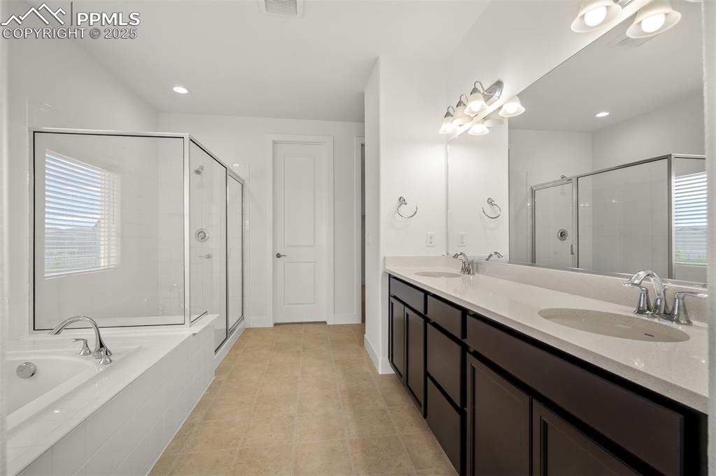 Image 27 of 46: Full bathroom with healthy amount of natural light, double vanity, a bath,